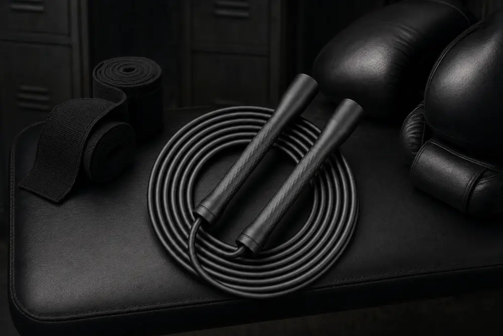 Boxer using a weighted jump rope between rounds in a dimly lit gym