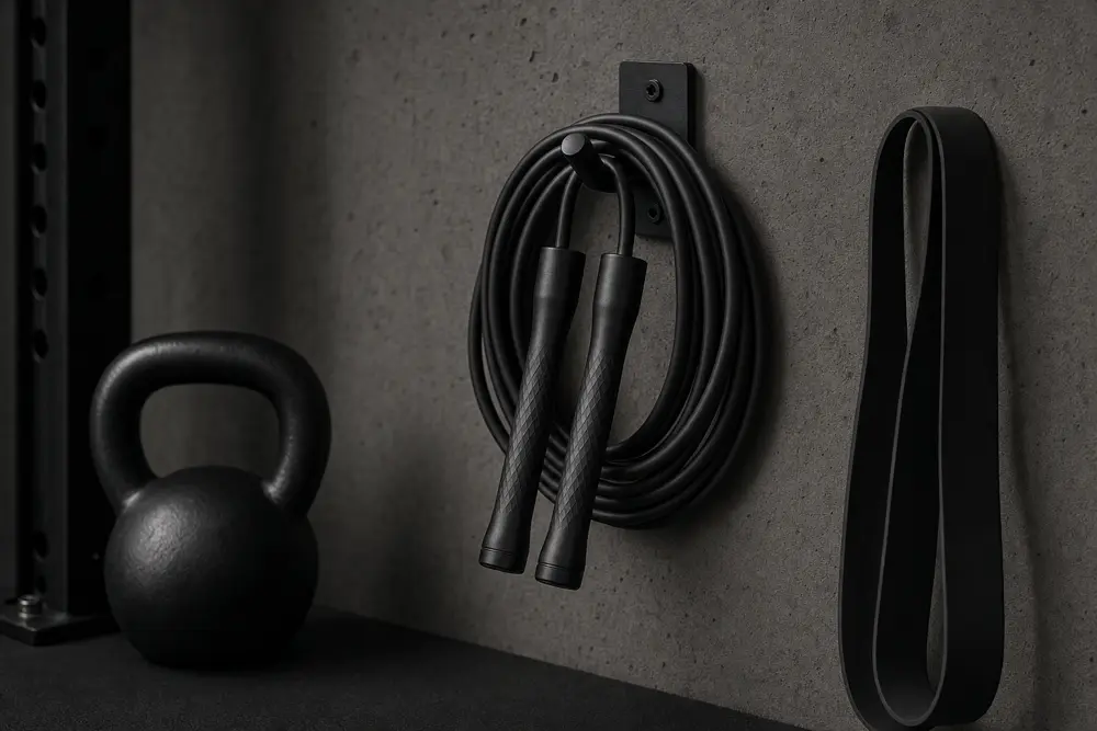 A black weighted jump rope hanging on a wall hook next to a kettlebell in a home gym corner