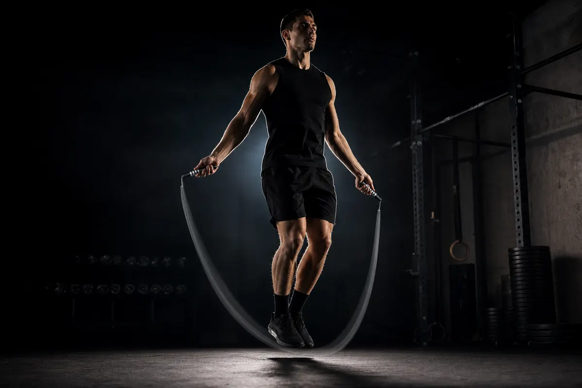 Athlete performing a jump rope workout with the Ironpace weighted jump rope in a dark gym