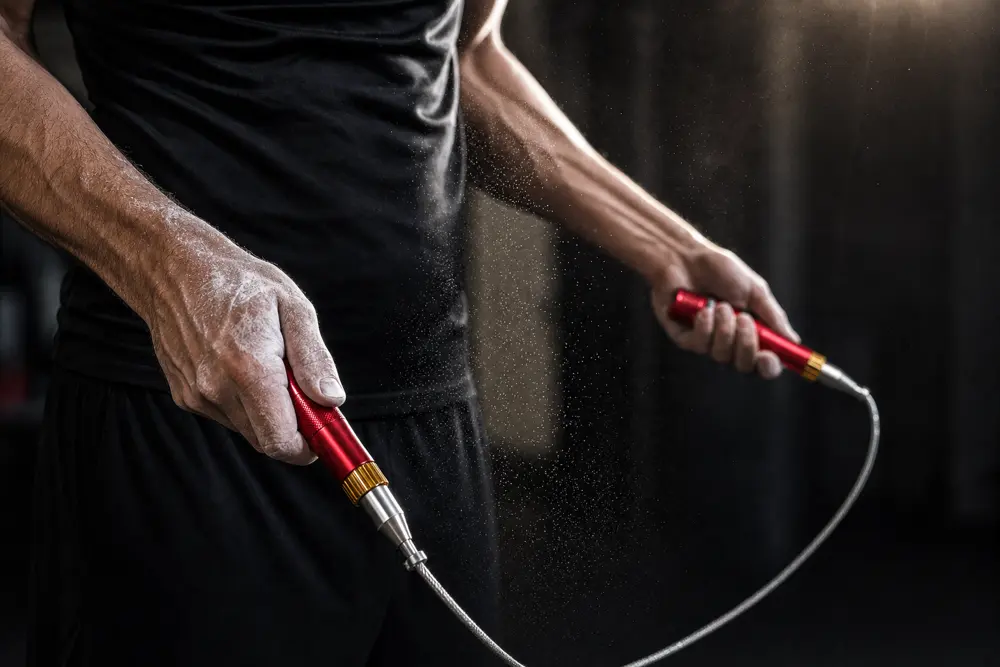 Hands gripping the Ironpace weighted jump rope handle mid-swing during a training set