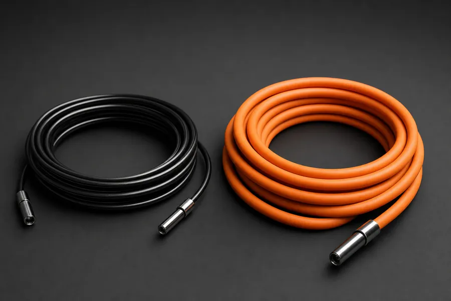 Ironpace's thin and thick swap cables laid side by side next to the ball-bearing handle