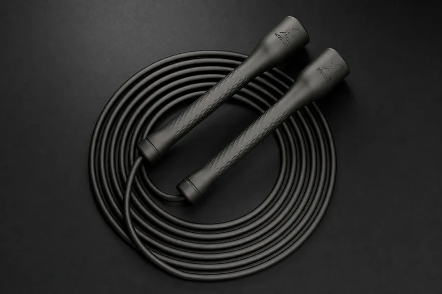 Ironpace weighted jump rope laid out with its carrying case, ready for a training session